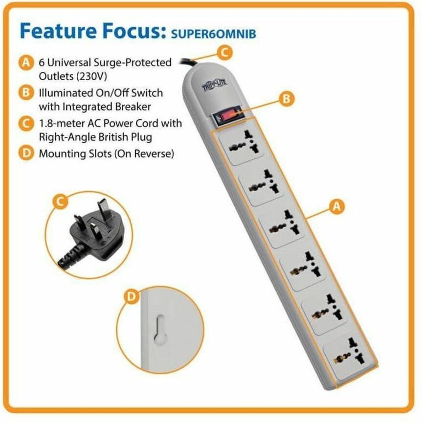 Eaton Tripp Lite Protect It! SUPER6OMNI B 6-Outlets Surge Protector with British Plug and 750 Joules Rating