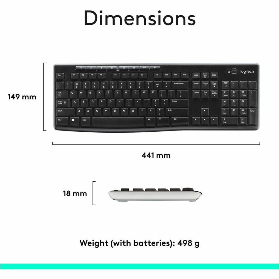 Logitech K270 Wireless Keyboard for Windows - 2.4 GHz, Full-Size, Spill-Resistant, Black