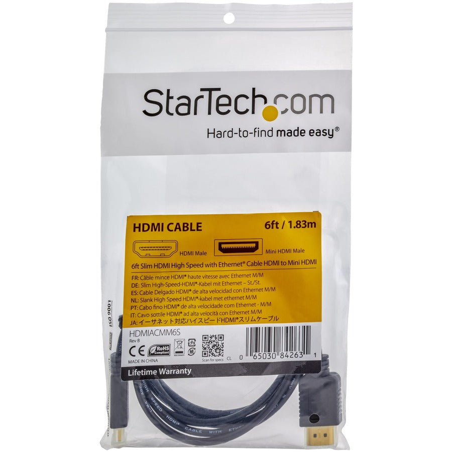StarTech.com 6 ft Slim High Speed HDMI to HDMI Mini Cable with Ethernet - 4K Support