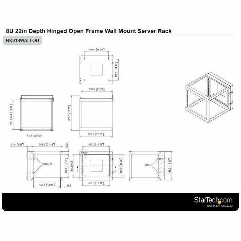 StarTech.com RK819WALLOH 8U Hinged Wall Mount Server Rack – 19-Inch Open Frame Data Rack for IT Equipment