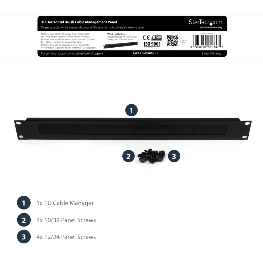 StarTech.com 1U Brush Strip Horizontal Server Rack Cable Management Panel - Steel with High-Density Nylon Bristles