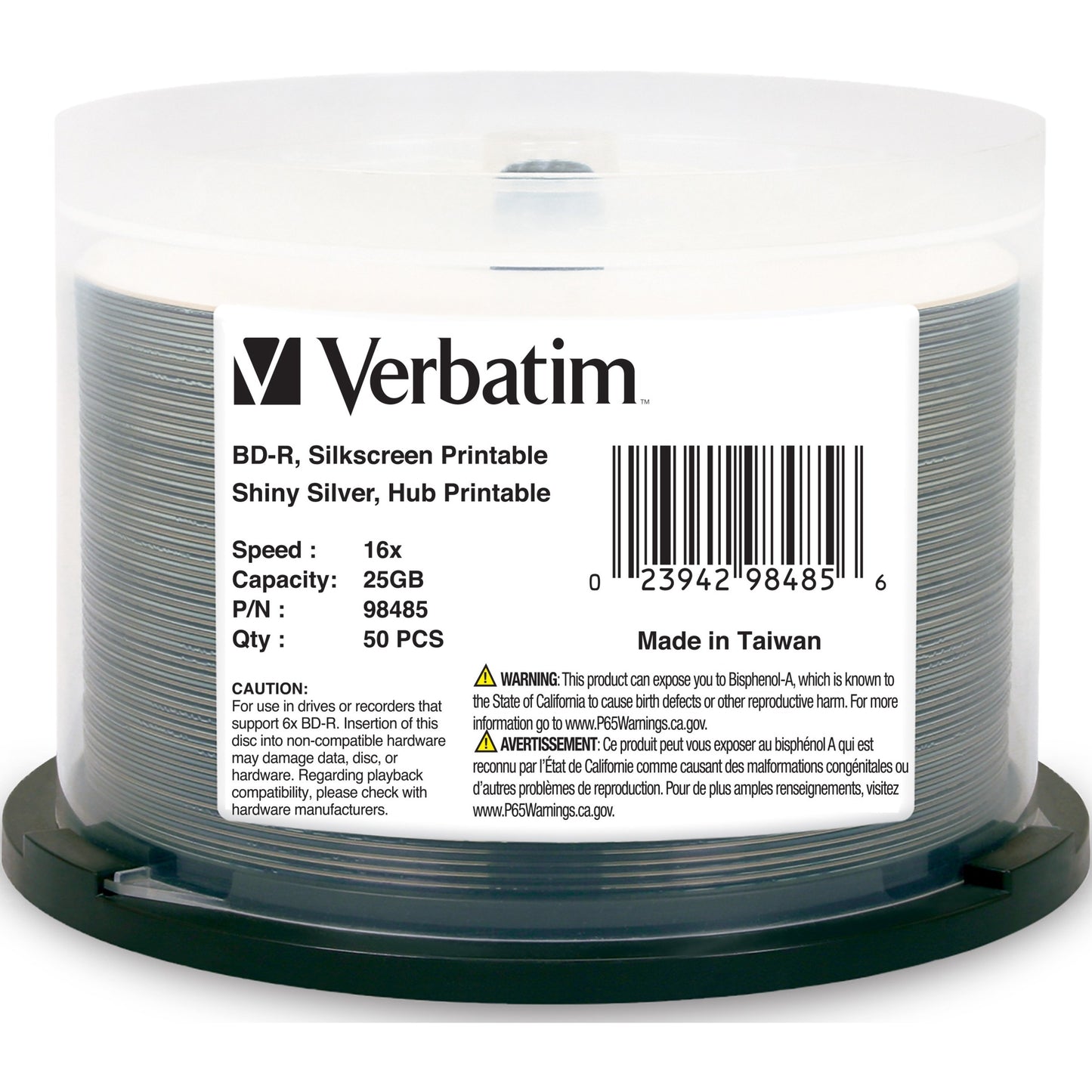Verbatim America, LLC BD-R 25GB 16X Shiny Silver Silk Screen Printable Discs – 50 Pack