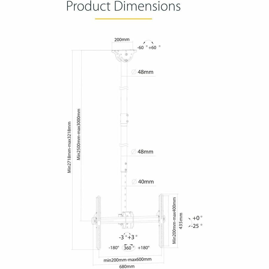 StarTech.com FPCEILPTBLP Ceiling TV Mount for 32-75 Inch Displays with Adjustable Height and Full Motion