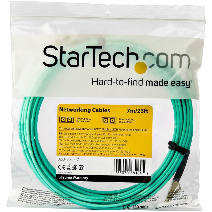 StarTech.com 7m (22ft) LC/UPC to LC/UPC OM3 Multimode Fiber Optic Patch Cable, Full Duplex 50/125 Zipcord, 10 Gbps, LSZH Jacket