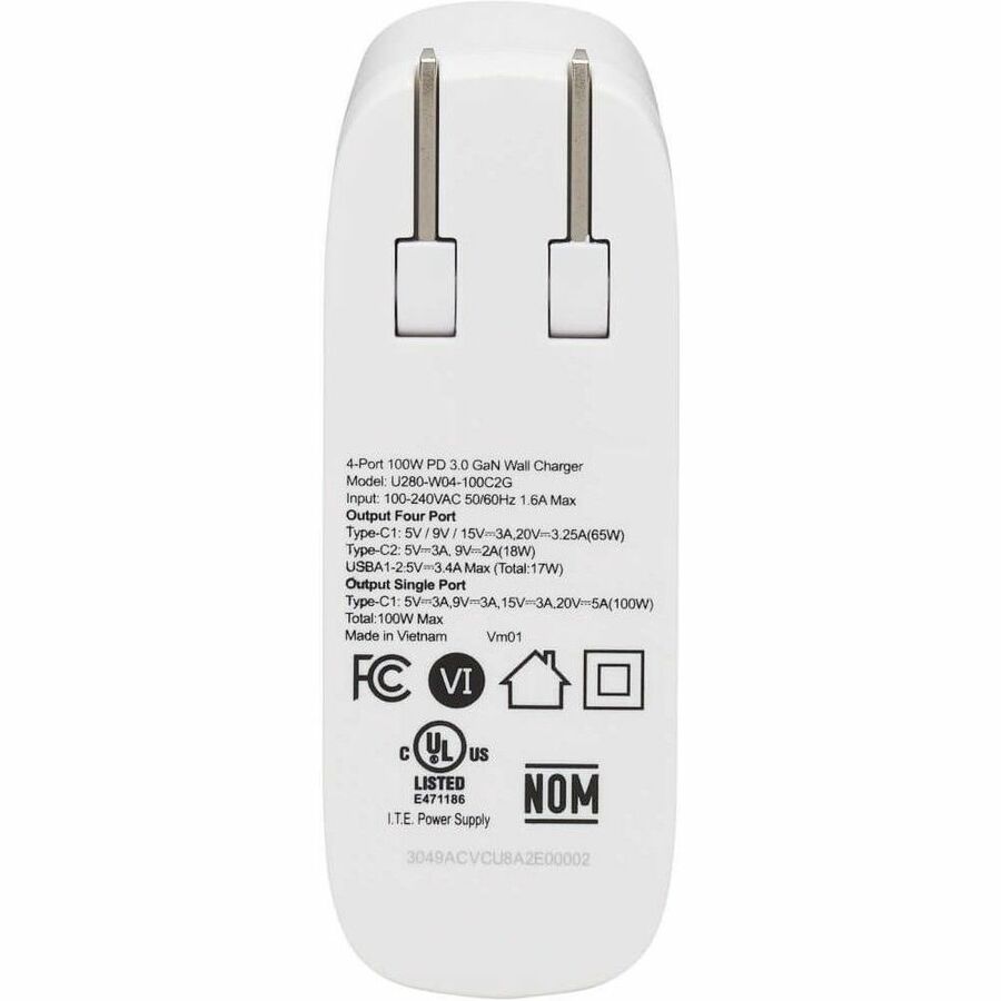Eaton Tripp Lite Series 4-Port Compact USB Wall Charger with GaN Technology - 100W PD Fast Charging, 2 USB-C & 2 USB-A Ports, White