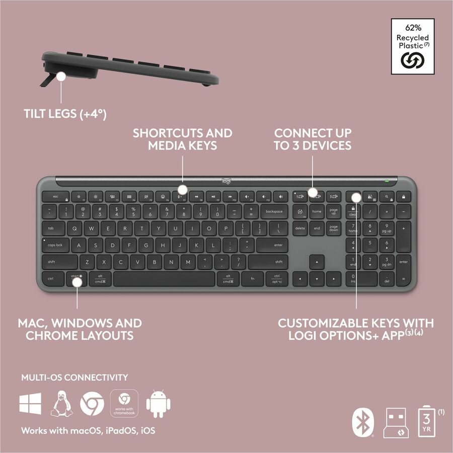 Logitech Signature Slim K950 Wireless Keyboard - Graphite, Quiet, Multi-Device Bluetooth Connectivity