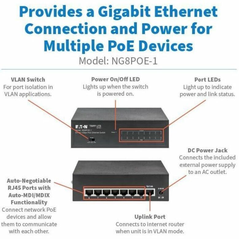 Eaton Tripp Lite Series NG8POE-1 8-Port Gigabit Ethernet Switch with PoE+ for Small Offices
