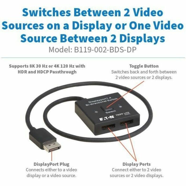 Eaton Tripp Lite Series 2x1 Bi-Directional DisplayPort Switch - 4K 120Hz or 8K 30Hz with HDR and HDCP Passthrough