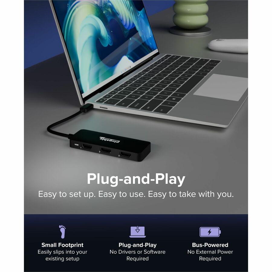 Plugable USB-C to HDMI Multi Monitor Adapter - Triple 4K60 Displays - Driverless MST Hub for Windows, Chrome OS, USB-C, Thunderbolt, USB4 Laptops