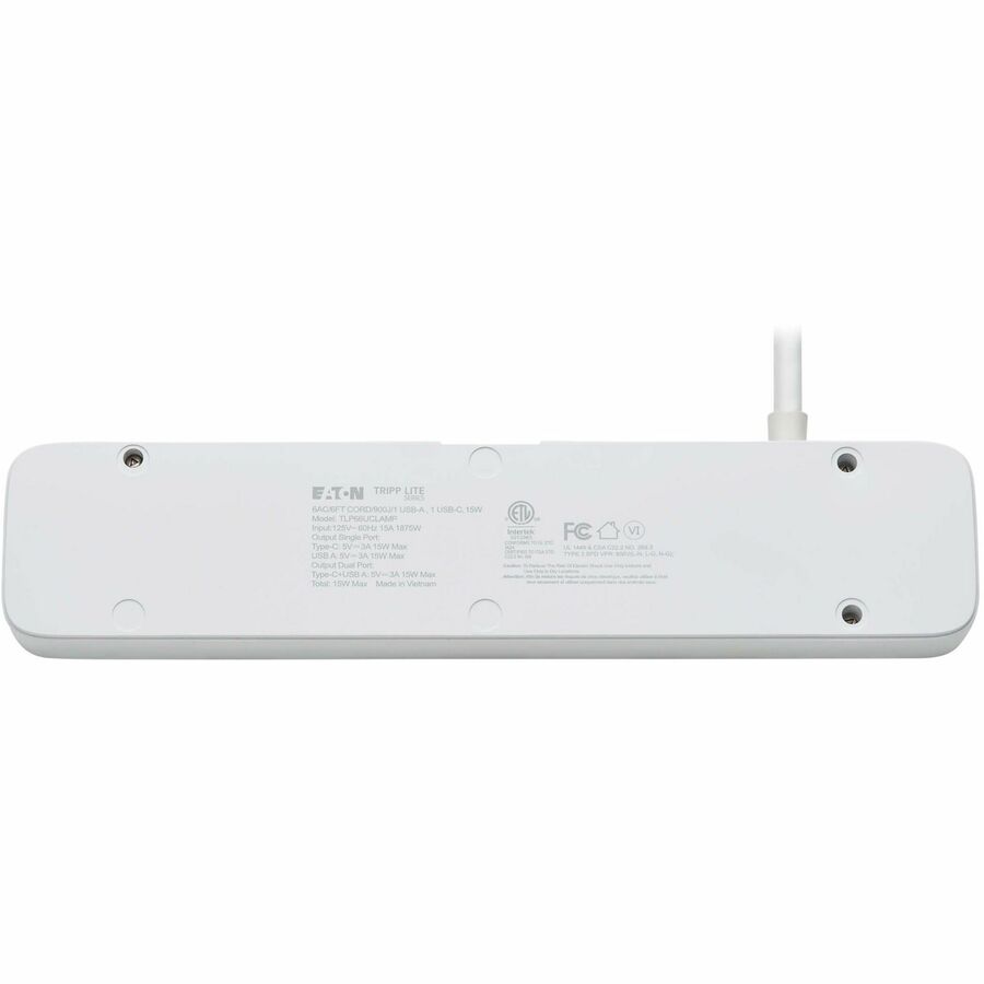 Eaton Tripp Lite Series Protect It! TLP66UCLAMP 6-Outlet Surge Protector with USB-A & USB-C Ports – Desktop Clamp, 900 Joules, 6 ft. Cord, White