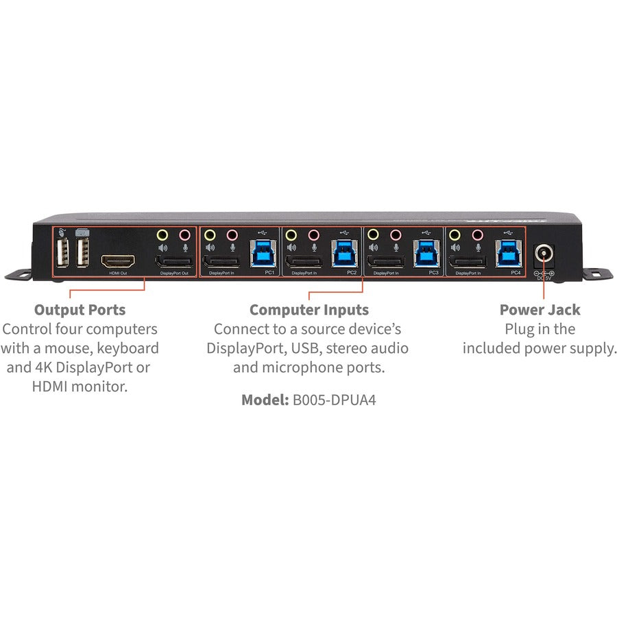 Tripp Lite DisplayPort USB KVM Switch 4-Port 4K 60Hz HDR DP 1.4 USB Sharing