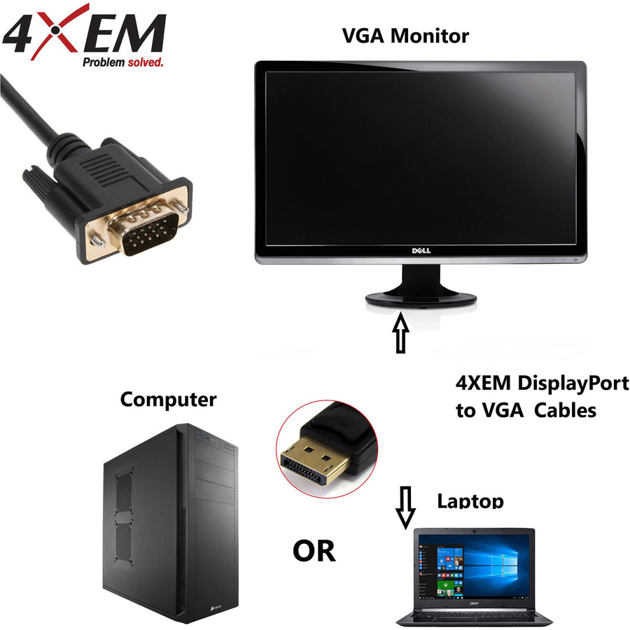 4XEM 1FT DisplayPort To VGA Adapter Cable - Black