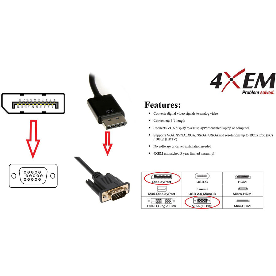 4XEM 1FT DisplayPort To VGA Adapter Cable - Black