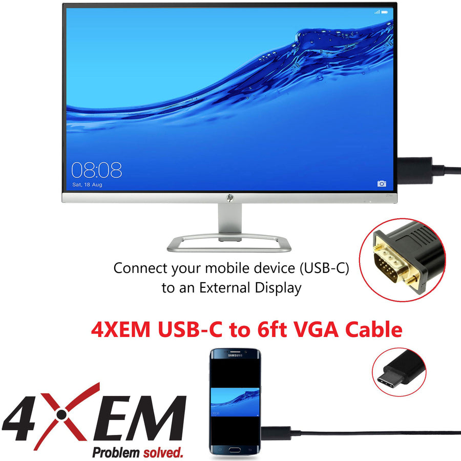 4XEM USB-C to VGA 6ft Cable-Black