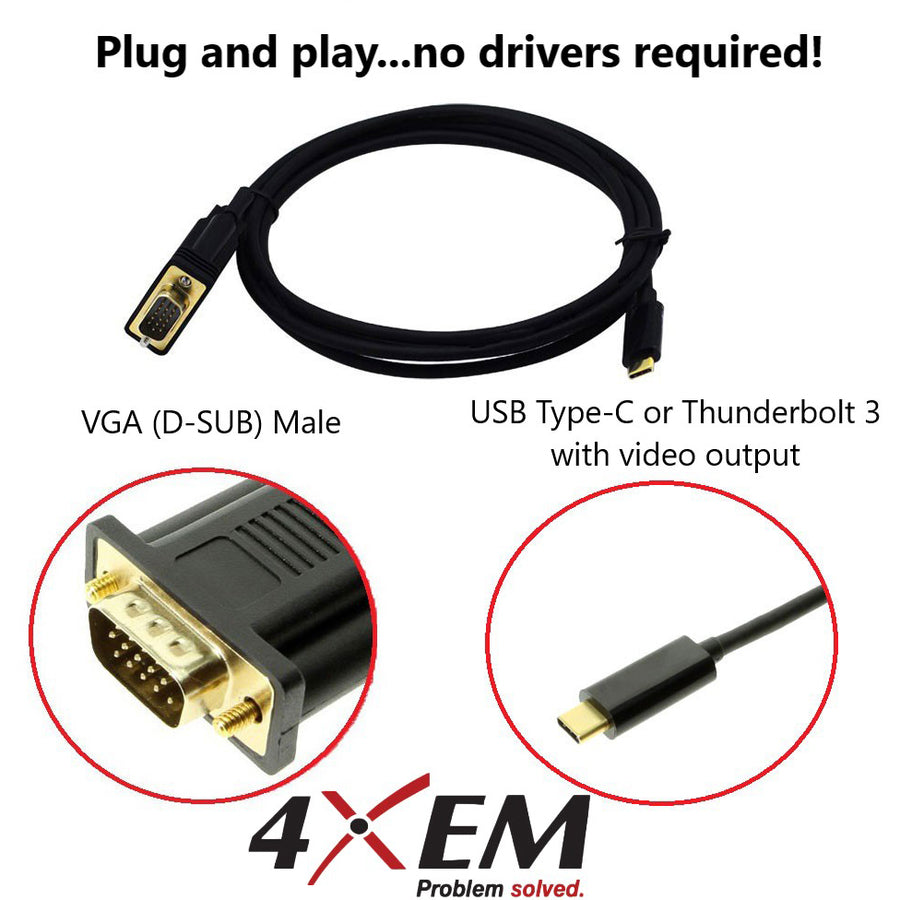 4XEM USB-C to VGA 6ft Cable-Black