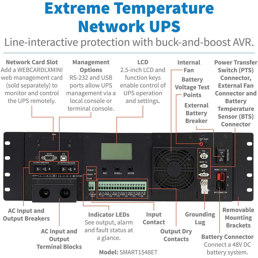 Tripp Lite UPS Smart 1500VA 1200W Extreme Temperature AVR 48VDC LCD USB 3U