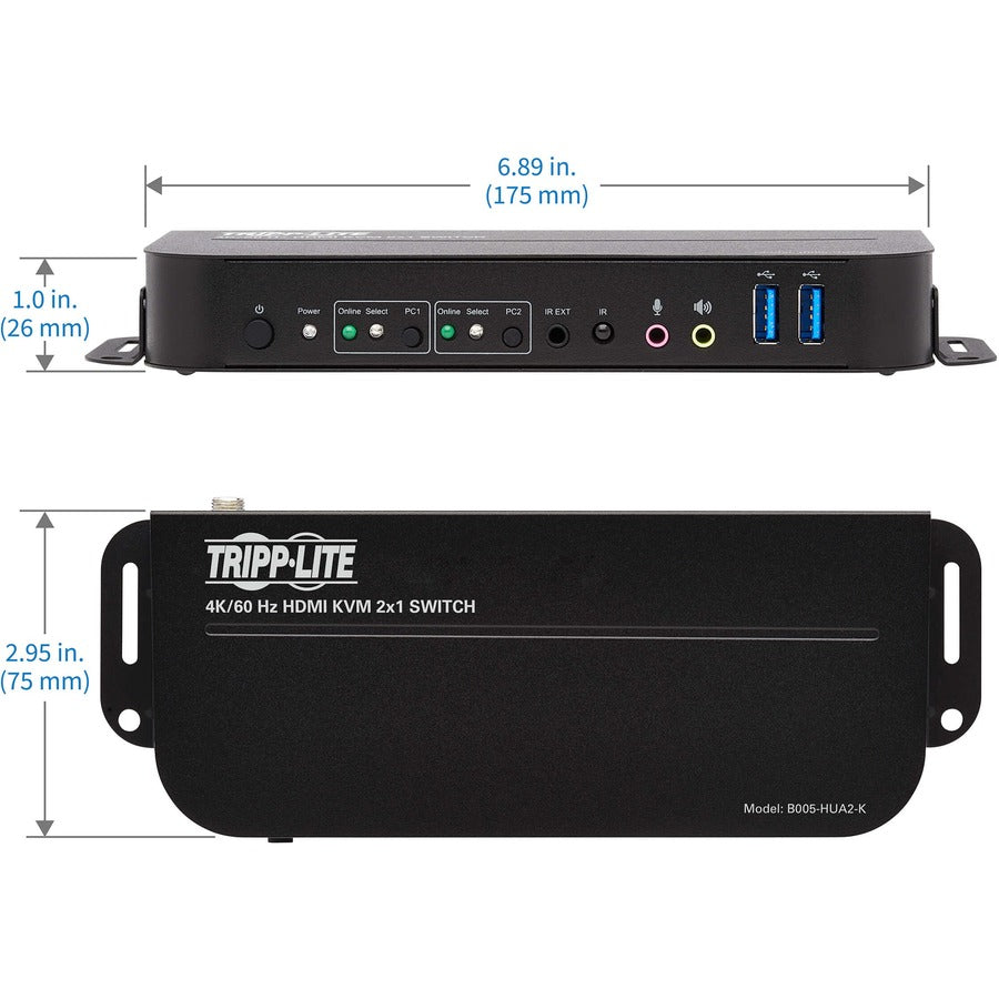 Tripp Lite HDMI USB KVM Switch 2-Port 4K 60Hz HDR HDCP 2.2 IR USB Cables