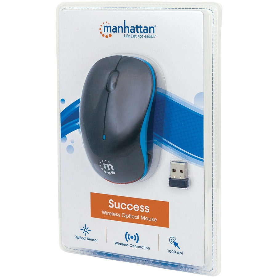 Manhattan Success Wireless Mouse, Black/Blue, 1000dpi, 2.4Ghz (up to 10m), USB, Optical, Three Button with Scroll Wheel, USB micro receiver, AA battery (included), Low friction base, Three Year Warranty, Blister