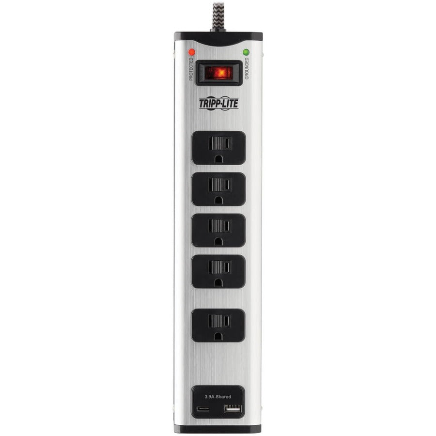Tripp Lite Surge Protector Power Strip 5-Outlet Metal with USB-A & USB C Charging