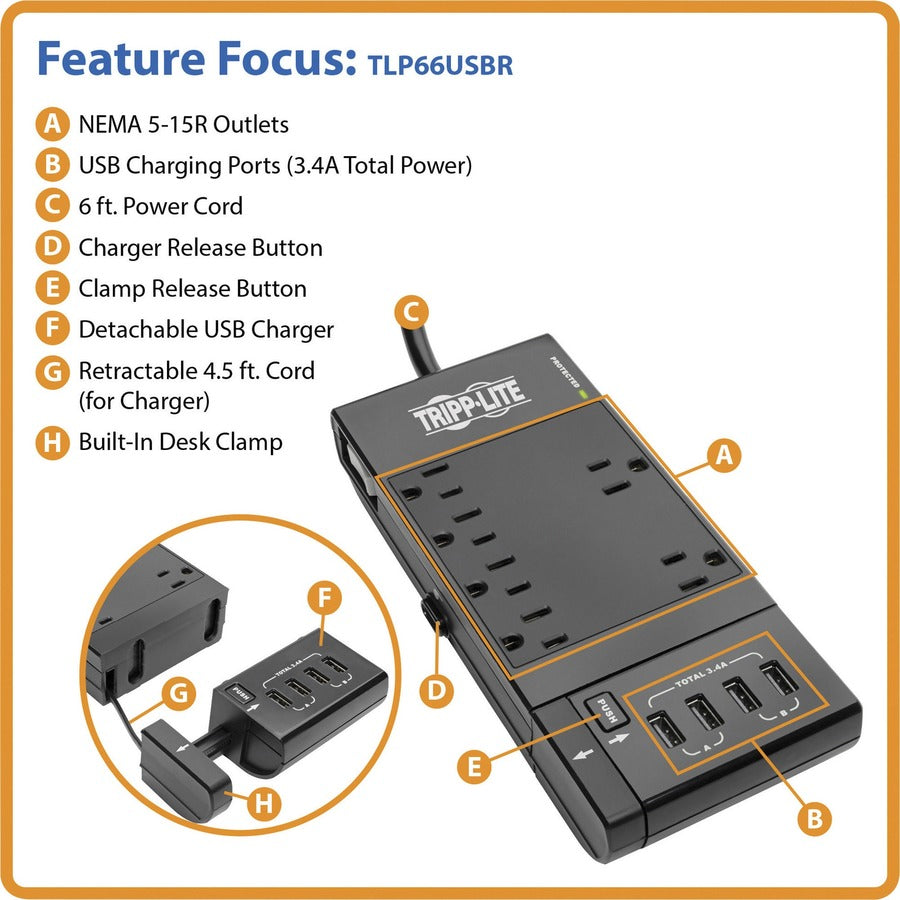 Tripp Lite Surge Protector Power Strip 6-Outlet w/4 USB Charging/Sync Ports