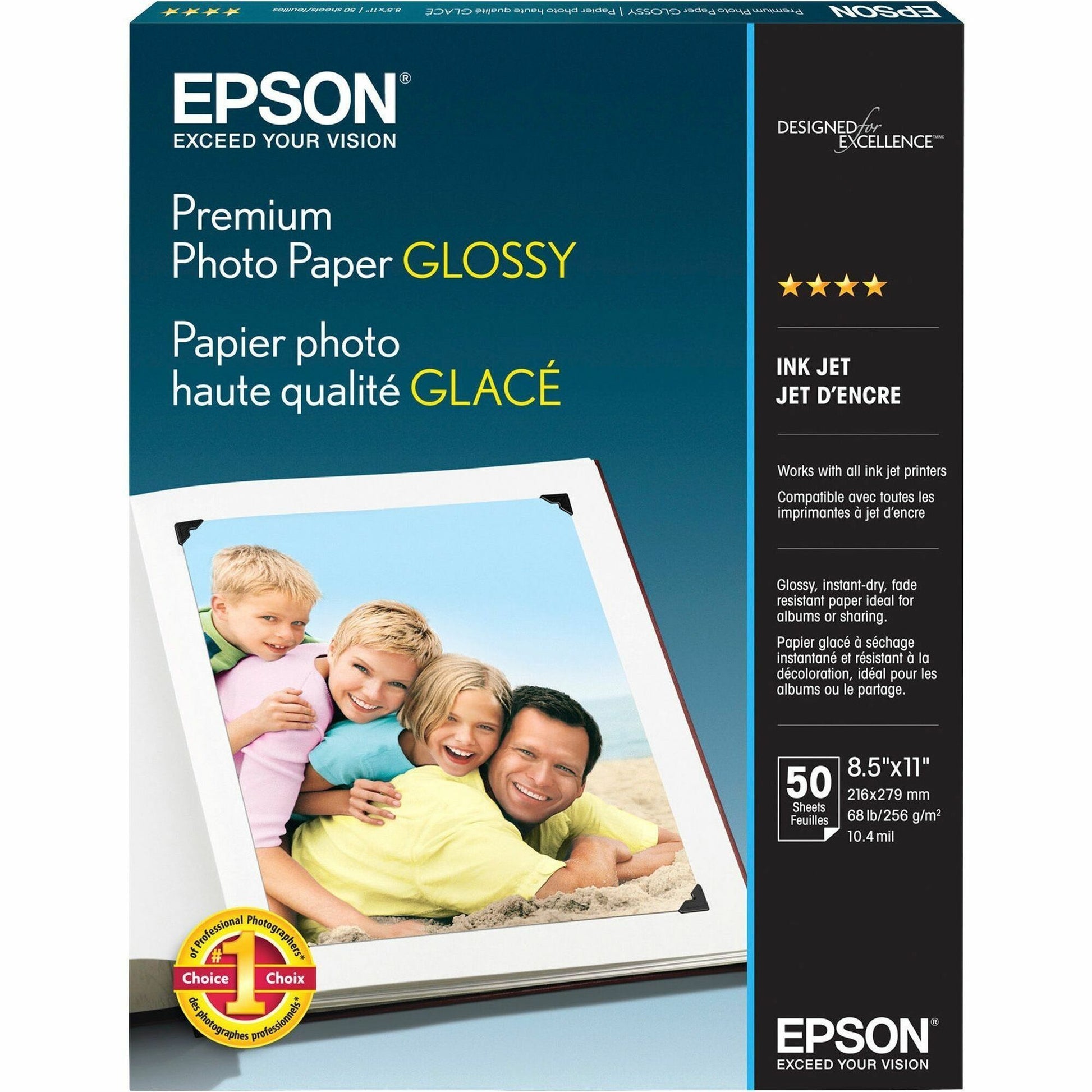 Epson Premium Photo Glossy InkJet Paper 8.5 x 11 Inches - High-Gloss Finish for Lab-Quality Prints