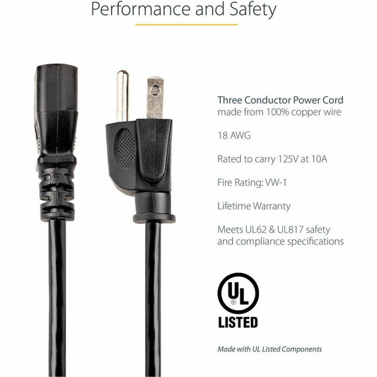 StarTech.com 6ft Computer Power Cord NEMA 5-15P to C13, 10A, 125V, Black Replacement Cable