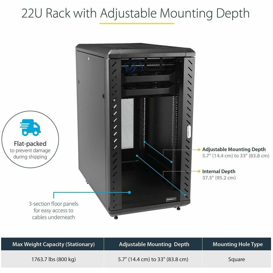StarTech.com 22U 36-inch Knock-Down Server Rack Cabinet with Casters