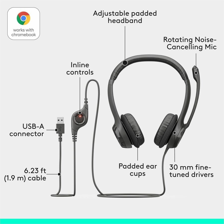 Logitech H390 Wired Headset for PC and Chromebook – Stereo USB Headphones with Noise-Canceling Microphone