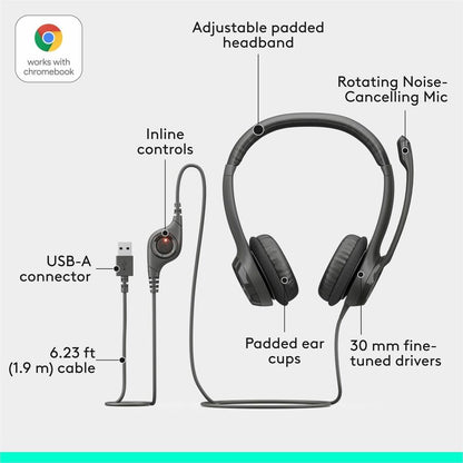 Logitech H390 Wired Headset for PC and Chromebook – Stereo USB Headphones with Noise-Canceling Microphone