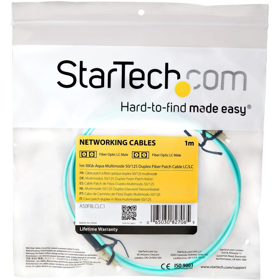 StarTech.com 1m Aqua OM3 Multimode Duplex Fiber Optic Patch Cable - LC to LC, 10 Gbps
