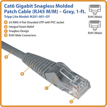 Eaton Tripp Lite Series Cat6 UTP Patch Cable, 1 ft. Gray Snagless Molded Ethernet Cable (N201-001-GY)