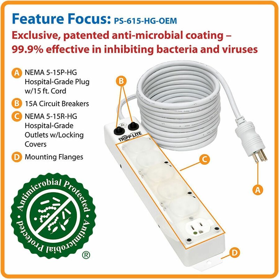 Eaton Tripp Lite Series PS-615-HG-OEM Medical-Grade Power Strip with 6 Hospital-Grade Outlets and Antimicrobial Coating