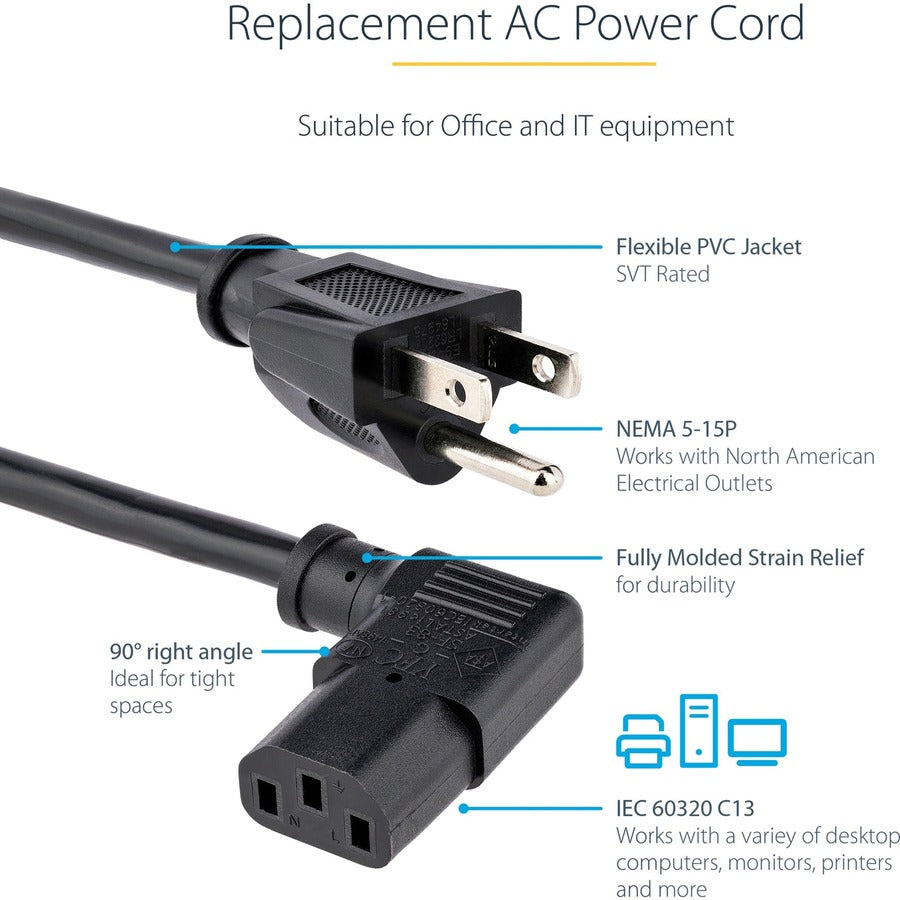 StarTech.com 6ft Power Cord with Right Angle C13 for Monitors and Printers