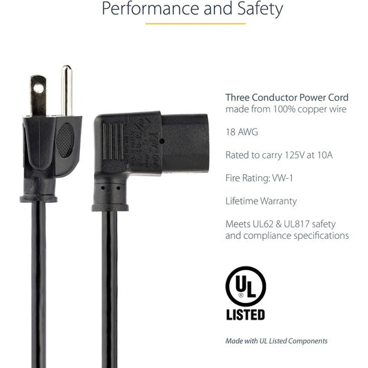 StarTech.com 6ft Power Cord with Right Angle C13 for Monitors and Printers