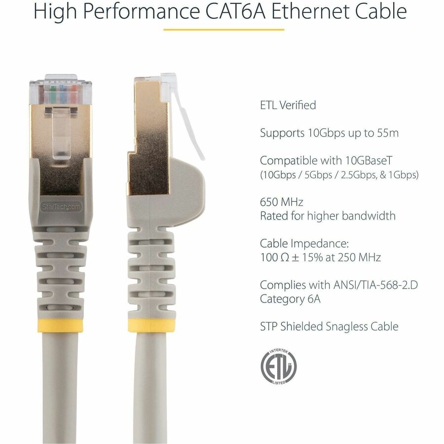 StarTech.com 10ft Cat6a Ethernet Cable – Shielded Snagless 10 Gigabit Network Patch Cord in Gray