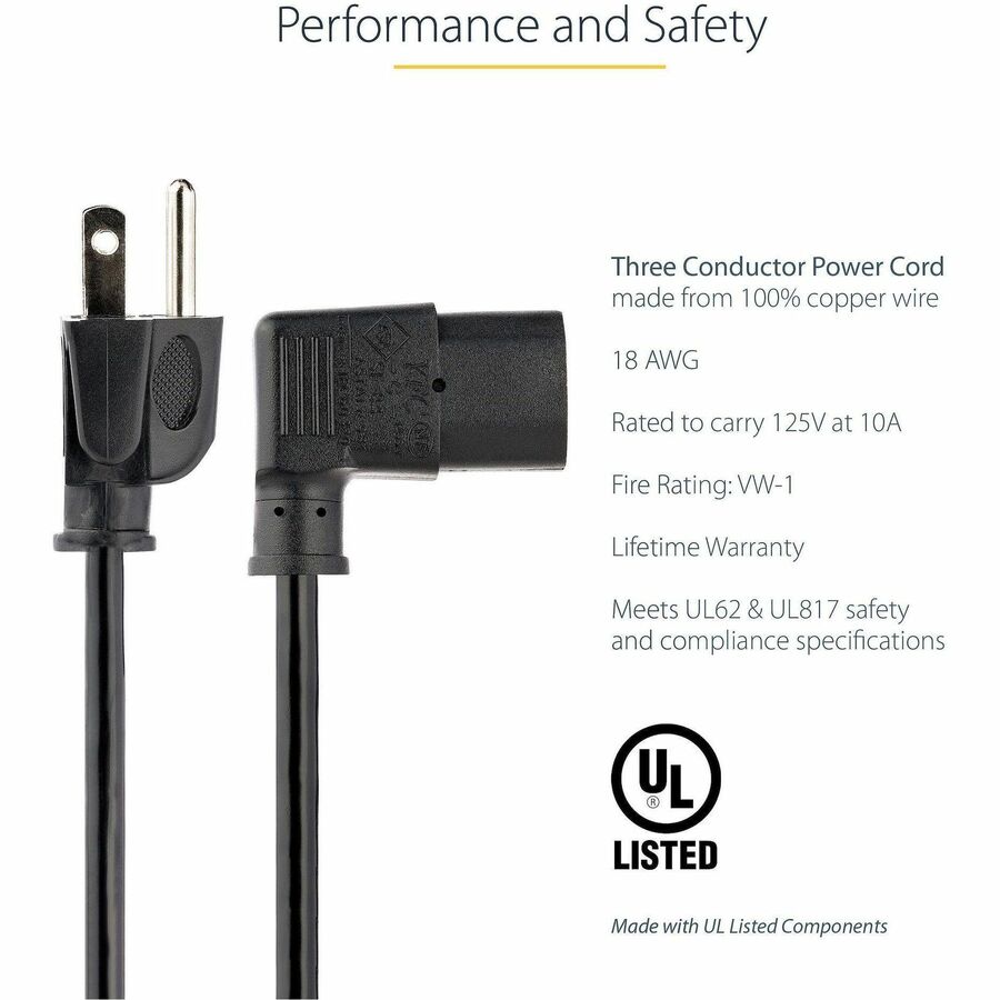 StarTech.com 10ft NEMA 5-15P to Right Angle IEC 60320 C13 Computer Power Cord