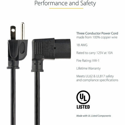 StarTech.com 10ft NEMA 5-15P to Right Angle IEC 60320 C13 Computer Power Cord