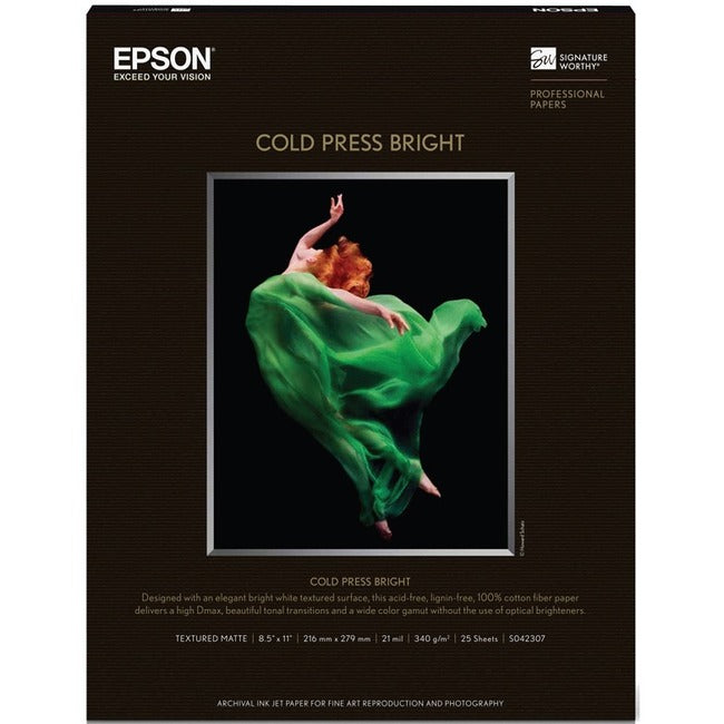 Epson Cold Press Bright Fine Art Paper – 8.5 x 11 inches, 340 gsm, Matte Finish, Acid-Free, 25 Sheets