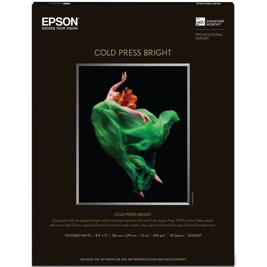 Epson Cold Press Bright Fine Art Paper – 8.5 x 11 inches, 340 gsm, Matte Finish, Acid-Free, 25 Sheets