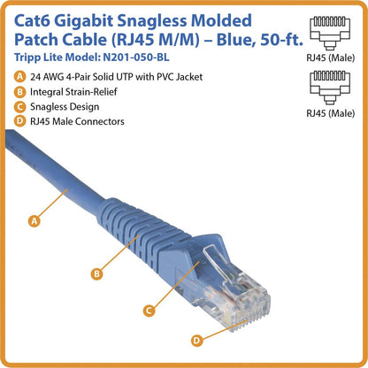 Eaton Tripp Lite Series Cat6 Ethernet Cable - 50 ft Blue RJ45 M/M, Snagless Molded Patch Cable for High-Speed Data, Voice, and Video Transmission