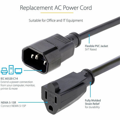 StarTech.com 1 ft Computer Power Cord IEC 320 C14 to NEMA 5-15R for North American Devices