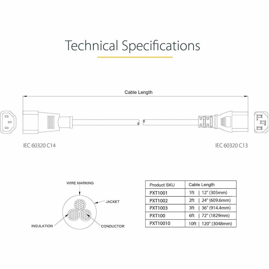 StarTech.com 6 ft Power Extension Cable - C14 to C13, 125V, 10A, PXT100