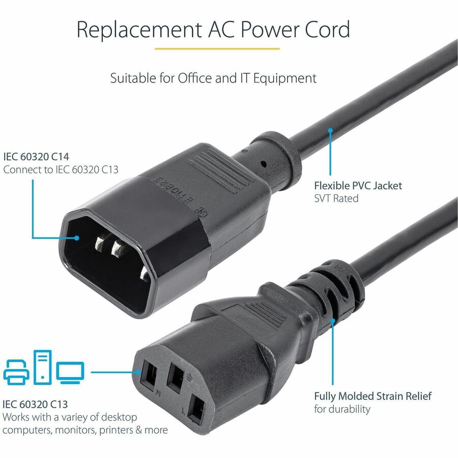 StarTech.com 6 ft Power Extension Cable - C14 to C13, 125V, 10A, PXT100
