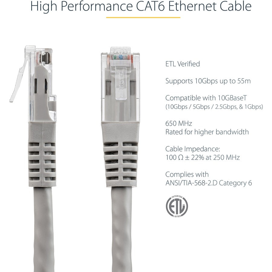 StarTech.com 6 ft Gray Cat6 Ethernet Patch Cable – Gigabit Network, PoE Support, UL & ETL Certified