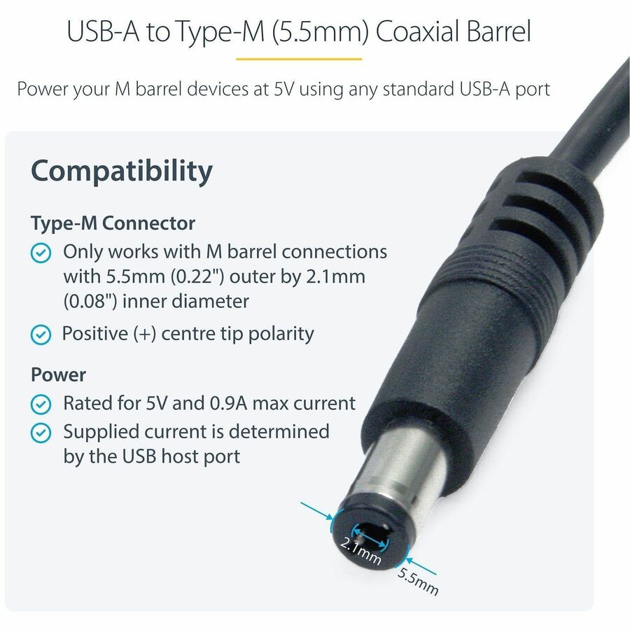 StarTech.com 3 ft USB to Type M Barrel Power Cable for 5V Devices