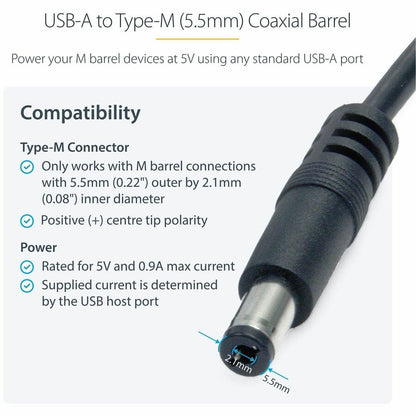 StarTech.com 3 ft USB to Type M Barrel Power Cable for 5V Devices