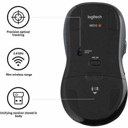 Logitech M510 Wireless Optical Mouse with 2.4 GHz USB Unifying Receiver, 7 Buttons, 1000 DPI - Black