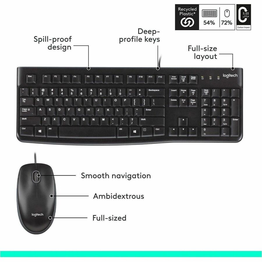 Logitech MK120 Wired Keyboard and Mouse Combo for Windows - Full-Size, Quiet Keys, Optical USB Mouse