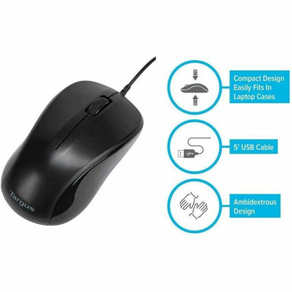 Targus USB Optical Laptop Mouse AMU80US – Ergonomic 3-Button Design with 1,000 DPI and 5-Foot USB Cable
