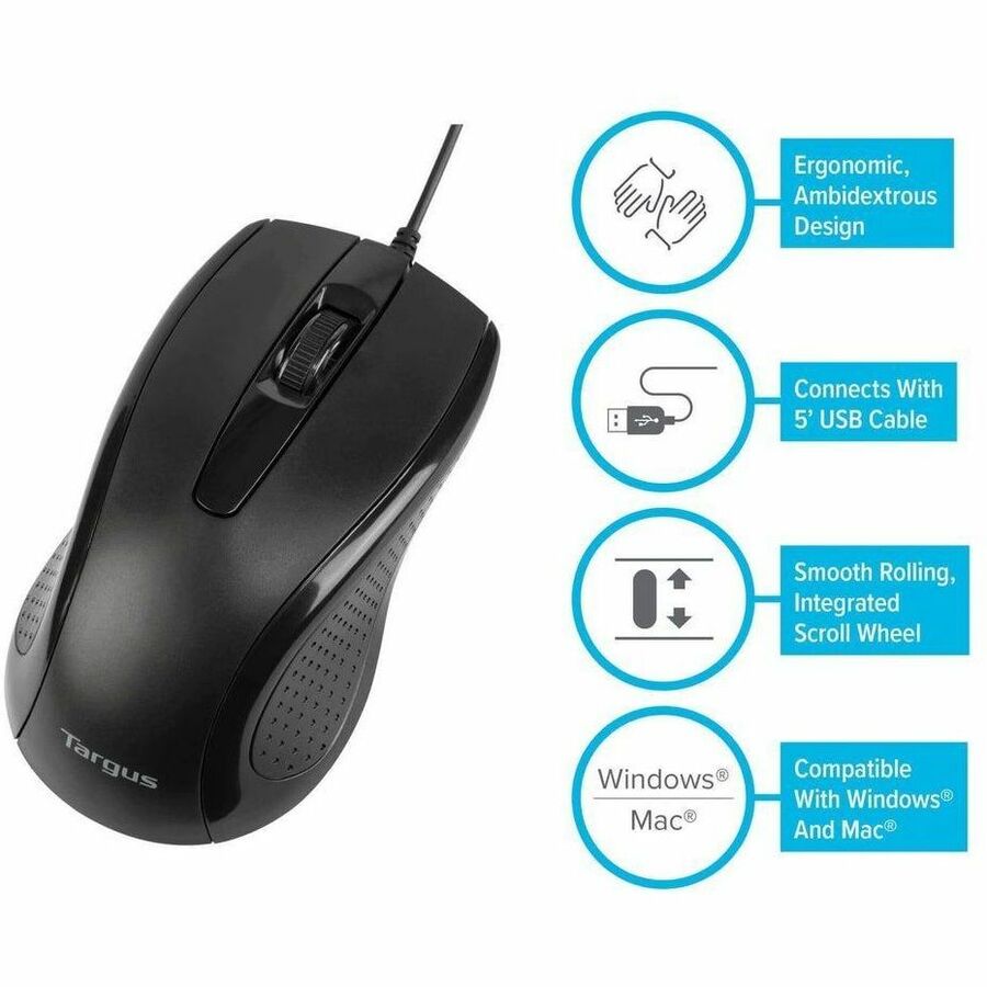 Targus 3-Button USB Full-Size Optical Mouse - Ergonomic Ambidextrous Design with 1000 DPI